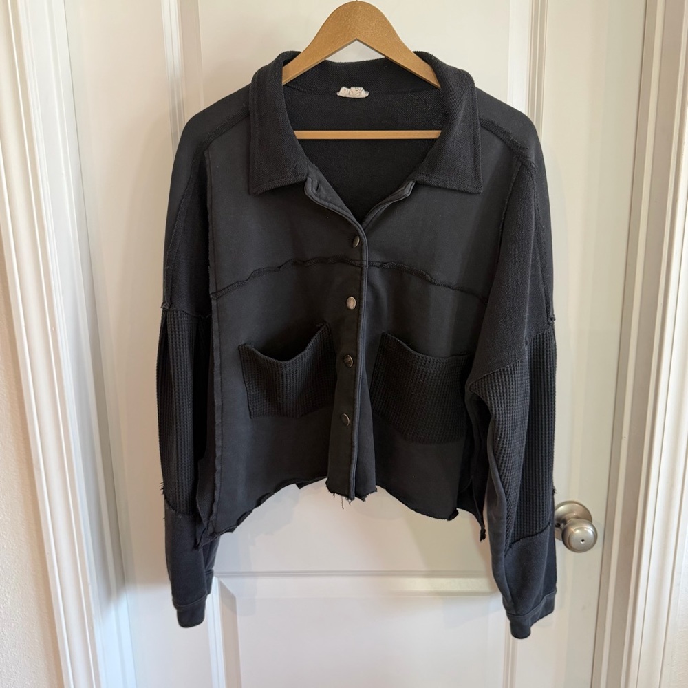 Pol Cotton Waffle Knit Shacket Womens Sm Black Oversized Boho Grunge Distressed